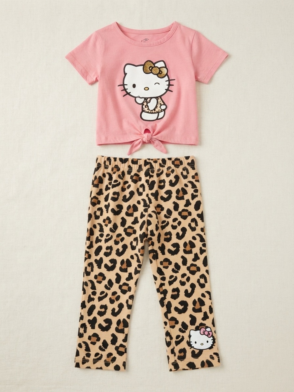 Hello Kitty Girls' Pink Tie-Front Pajama Top and Leopard Print Pants